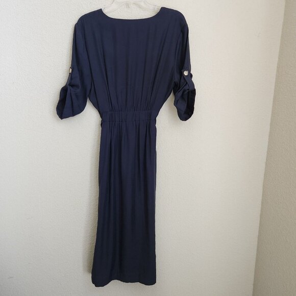 Chelsea Theodore Shirt Maxi Dress Large Navy blue Button-Front Short Sleeve Belt - Picture 5 of 15